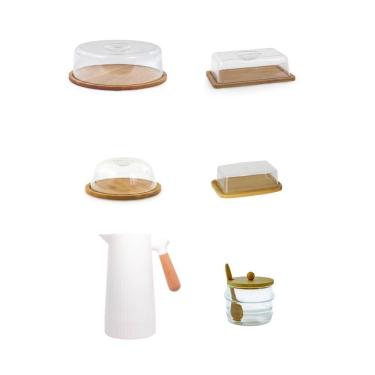 Imagem de Kit Garrafa Térmica + Boleira + Queijeira + Porta Frios + Manteigueira + Açucareiro Bambu