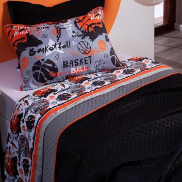 Imagem de Jogo De Cama Lençol Solteiro Basquete Branco/cinza Com Fronhas E Virol Estampados 03 Peças - Percal 200 Fios