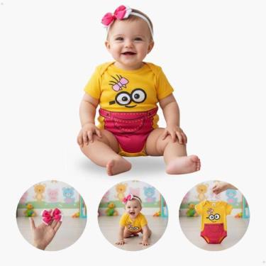 Imagem de Body Fantasia Minions Bebê Feminino Masculino Touca Lacinho - kIDSBEHA