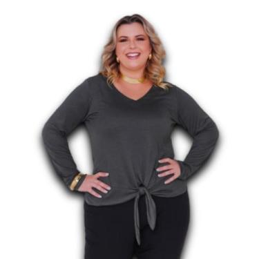 Imagem de Blusa Feminina Plus Size Manga Longa em Malha Decote V com Amarração  