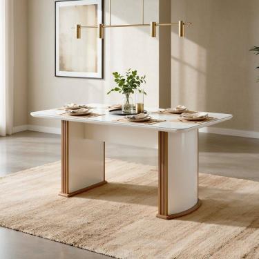 Imagem de Mesa de Jantar 6 Lugares Retangular Tampo Vidro Mdf 180x90cm Maia Cinamomo/Off White