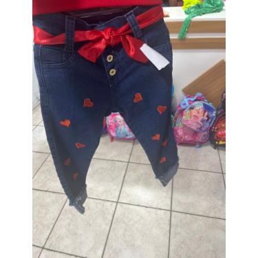 Imagem de Calça jeans infantil feminina azul com coração tamanho M veste 6 a 8 a