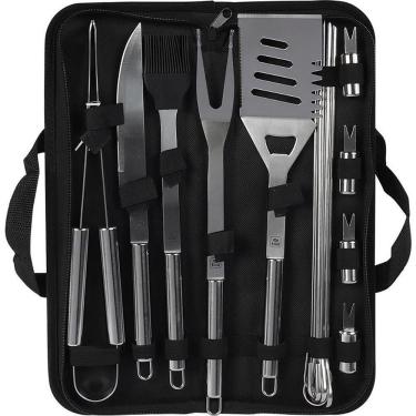 Imagem de Kit Churrasco Premium 16 Peças Aço Inoxidável com Espátula 4 em 1 Pincel Silicone e 6 Espetos Belfix