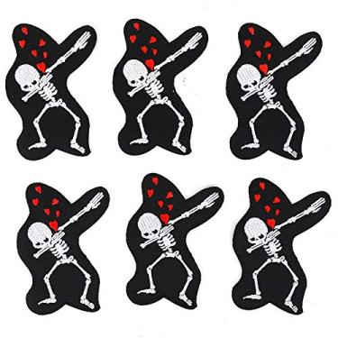 Imagem de 6 peças de remendos de esqueleto, adesivos legais de roupas de caveira punk bordado de ferro em remendos bordados costurar na cabeça de caveira para roupas jeans jaqueta de reparo (esqueletos musiciais) apliques