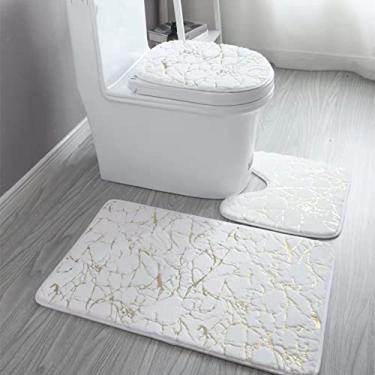 Imagem de Tapete de chão de banheiro com estampagem a quente Conjunto de três peças de mármore de pelúcia Padrão de decoração de banheiro com deslizamento a quente Tapete antiderrapante, branco