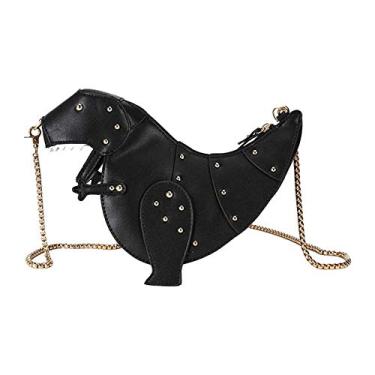 Imagem de Generic Bolsa de ombro feminina de dinossauro desenho fofo couro PU chique corrente alça transversal bolsa clutch para meninas - preta, Preto