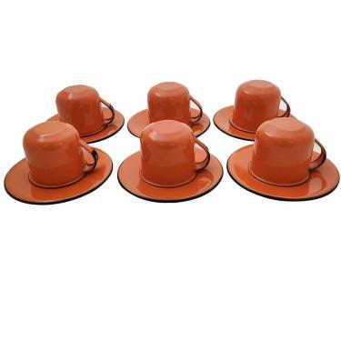 Imagem de Jogo De Xícaras Com Pires 6 Canecas Esmaltada 180ml Chá Café Laranja