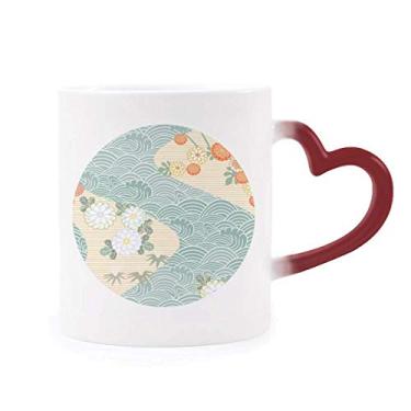 Imagem de Caneca de grés com estampa de folhas de flores japonesas sensível ao calor que muda de cor vermelha