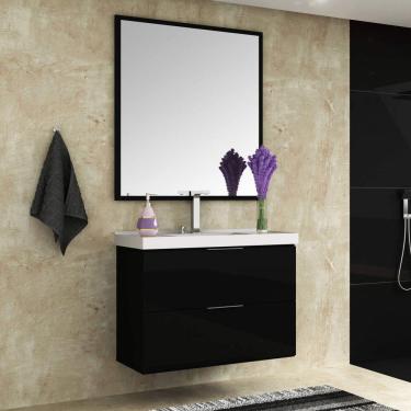 Imagem de Conjunto para Banheiro Gabinete com Cuba e Espelheira 80cm Pietra Móveis Bosi Preto/Preto Brilho