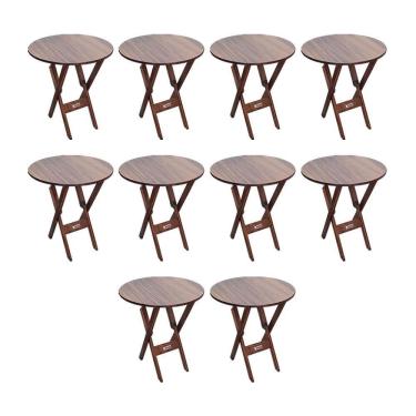 Imagem de Kit 10 Mesas Dobráveis De Madeira Redonda 70cm Imbuia - Cor: Marrom