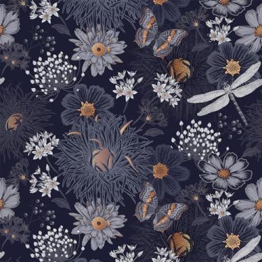 Imagem de Papel de parede floral azul marinho/dourado com flores silvestres, borboletas e libélulas - papel de contato vintage autoadesivo, vinil decorativo removível, fácil de remover - 45 cm x 300 cm