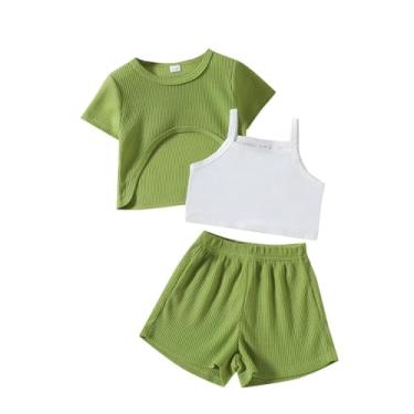 Imagem de BILIKEYU Camiseta feminina de verão respirável de manga curta e regata e calça sem mangas, 3 peças de roupas, Verde, 2-3 Anos