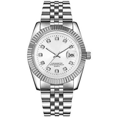 Imagem de SENRUD Relógio de pulso masculino analógico, de quartzo, moderno, de aço inoxidável, à prova d'água, data, casual, para homens, Branco, Relógios de quartzo