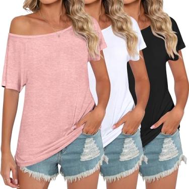 Imagem de Riyiper Pacote com 3 camisetas femininas com ombros de fora, folgadas, manga curta, casual, verão, túnica atlética para treino, Branco, rosa claro, preto, P