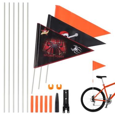 Imagem de XIHIRCD Bandeira de bicicleta de 3 peças, bandeira de segurança de bicicleta ajustável com mastro aranha preta Jolly Roger bandeira de aviso à prova d'água para triciclo Go Kart cadeira de rodas