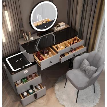 Imagem de Penteadeira com espelho iluminado - Conjunto de penteadeira com estação de carregamento sem fio e alto-falante Bluetooth, Conjunto de penteadeira com gavetas e banquinho, Penteadeiras de qua