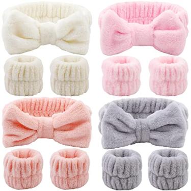 Imagem de Conjunto de 12 peças de toalha de spa e toalhas de pulso para lavagem de rosto, super fofas, macias de microfibra, presentes para mulheres e meninas, faixas de cabelo elásticas SPA e kit de pulseiras altamente absorventes para lavar o rosto, chuveiro e cuidados com a pele
