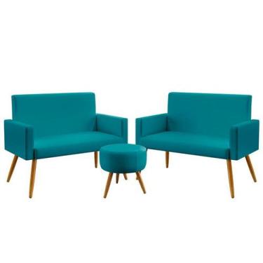 Imagem de Kit 2 Poltronas Namoradeira Estofadas Nina e Puff Solar Sued Azul Turq