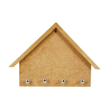 Imagem de Porta Chaves Casinha com 4 Pinos de Mdf Madeira Crua - Tamanho:  19 X 