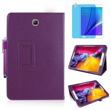 Imagem de Capa de couro fina para Samsung Galaxy Tab A 20.3 cm 2015 (SM-T350 T357 T355 P350 P355), suporte multiângulo, capa protetora completa para tablet com caneta Stylus, película de tela (roxa)