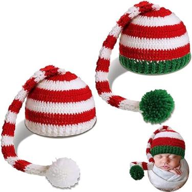 Imagem de Silicherry 2 peças de chapéu de cauda longa de Natal para bebês com pompom de elfo, gorro de crochê para árvore de Natal com pompom, chapéu de Papai Noel quente para Natal, recém-nascidos, adereços