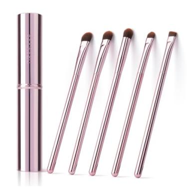 Imagem de Conjunto de 5 pincéis de sombra, pincel de sobrancelha premium para sombras, pincel corretivo, pincel para mistura de olhos, pincel para manchas de olhos com estojo, pincéis de maquiagem rosa para viagem