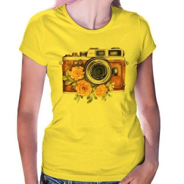 Imagem de Baby Look Máquina Fotográfica Vintage e Flores - Foca na Moda, Amarelo
