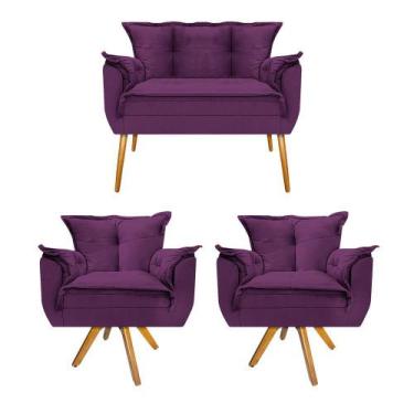 Imagem de Kit Namoradeira e 02 Poltronas Opala Base Giratória de Madeira Suede R