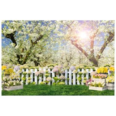 Imagem de Caheansi 2,1 x 1,5 m Pano de fundo de jardim de primavera flores coloridas florescendo árvore cerca branca paisagem natureza cenário ftografia pano de fundo chá de bebê decorações de festa de