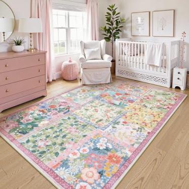 Imagem de LIVEBOX Tapetes rosa 12 x 17 para meninas de quarto, tapete rosa de patchwork macio para sala de estar, tapete antiderrapante para berçário, tapetes laváveis 12 x 18 cm para sala de jogos