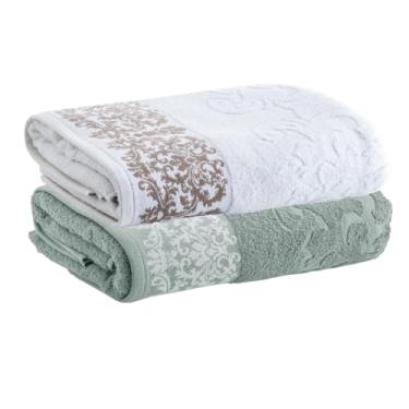 Imagem de Altihaus Kit Jogo Toalhas Banho, 2 Peças, Algodão, 450g/m² - Altihaus, Medalhão, Corttex, Jacquard, Alta Absorção (Branco/Verde)
