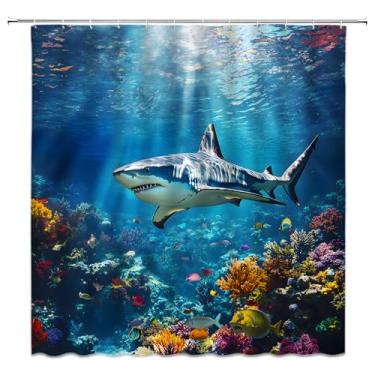 Imagem de HYKHYK Cortina de chuveiro tubarão oceano mundo subaquático colorido coral peixes tropicais vida marinha do mar profundo conjunto de cortinas de banheiro com ganchos (177,8 cm WX70 H)