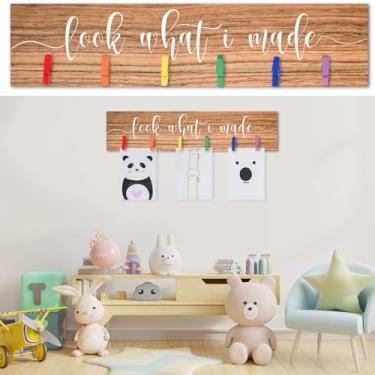 Imagem de Sawysine Look What I Made Sinal com Clipes Exibição de Arte Infantil Sinais Exibição de Arte para Pendurar na Parede Quadros de Arte Mutável Quadro de Exibição de Arte Infantil Placa de Madeira para
