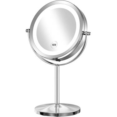 Imagem de Espelho De Aumento Dupla Face Com Iluminação Mor, Espelho de Maquiagem de 20 CM com Luzes, Espelho de Ampliação de 1x/10x, Rotação de 360° Espelho de Mesa, Espelho de Aumento, Espelho de Maquiagem