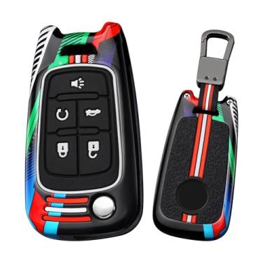 Imagem de HIBEYO Capa dobrável de 5 botões compatível com Buick Encore Apto para Chevy Camaro Equinox Impala Sonic Trax GMC Terrain acessórios de metal pintado com chaveiros-5 botões preto