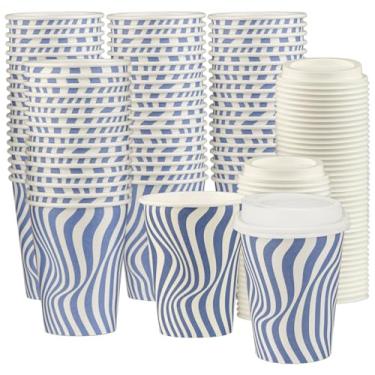 Imagem de Smygoods Copos de café descartáveis com tampas, copos quentes de papel para viagem, design de onda azul (340 g, 100 unidades) para bebidas quentes, café, chá, expresso, cacau - Vasos Para Cafe