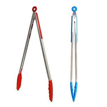 Imagem de UPTALY Pinças de grelha extra longas de 45 cm (1 peça azul, 1 peça vermelha), pinças de churrasco de aço inoxidável com cabo longo, pegador de comida de tamanho grande, pegador de bife, pegador de servir estendido