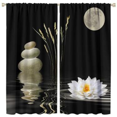 Imagem de Cortinas de pedra Zen, tema relaxante de spa de meditação, preto, bege, vista da natureza, lótus branco, reflexão floral na água, bolso de haste blackout, tratamentos de janela para sala de estar