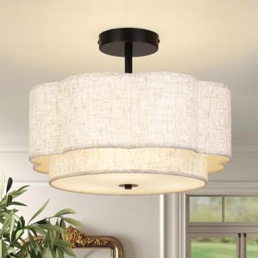 Imagem de CLARSYNE Luminária De Teto Semi-Embutida Em Formato De Flor De 16", Cúpula De Tecido De Camada Dupla, Acabamento Dourado Para Quarto, Sala De Estar, Berçário, Cozinha, Corredor Para Quarto De Crian