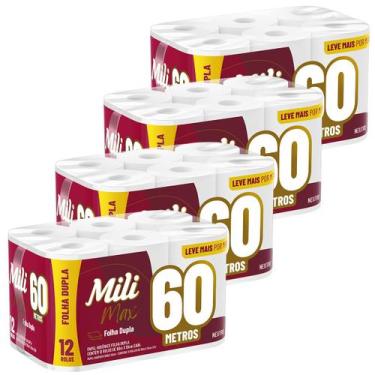 Imagem de Kit 4 Fardos Papel Higiênico Folha Dupla Mili 12 Rolos com 60 Metros M