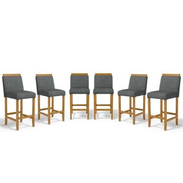 Imagem de Kit Com 6 Banquetas Eloá Madeira Maciça Assento Estofado Para Bancada Linho Chumbo 406
