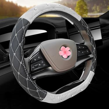 Imagem de Capa de volante de couro, respirável, antiderrapante, preto, branco, ajuste universal, protetor de roda de carro de 35.6 cm 1/5.1-38.1 cm para mulheres, meninas, SUVS, Sedans, carros, caminhões