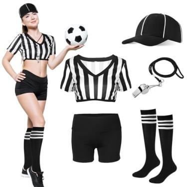 Imagem de Cuffbow Camisa feminina oficial de árbitro com listras brancas e pretas, short de jérsei, chapéu de árbitro, apito para futebol, Halloween, cosplay (2GG)