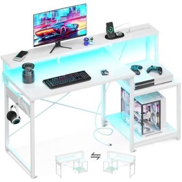 Imagem de AODK Mesa de computador, mesa de jogos de 121 cm com luzes LED e tomada, mesa de escritório com prateleiras de armazenamento, mesa reversível com prateleira para monitor e gancho para fone de ouvido