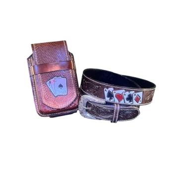 Imagem de Cinto e Bainha Para Celular em Couro Legitimo Baralho Kit (105- veste do 40 ao 42)