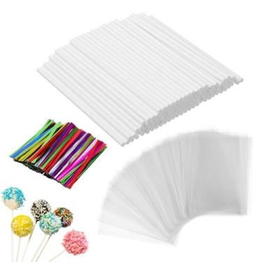 Imagem de 600 Pcs Cake Pop Sticks And Wrappers Lollipop Cake Pop Bags Metallic Twist Ties With Clear Treat Bags & Gold Twist Ties Paper Sticks Sucker Stick For Lollipops Candies Chocolates Cookies