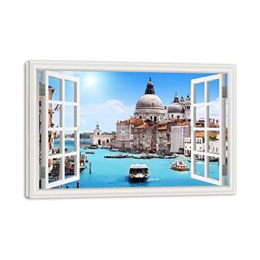 Imagem de Impressão em tela emoldurada de madeira janela grande canal de Veneza feriado 3D falsa janela vista paisagem paisagem paisagem imagem impressão em tela arte de parede para sala de estar 80 x 120 cm 31