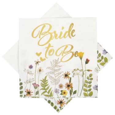 Imagem de Ottin Guardanapos de papel de chá de panela florais brancos - 12,7 cm de folha dourada Bride To Be guardanapos de coquetel descartáveis 50 unidades para chá de panela, casamento, despedida de solteira
