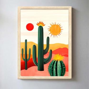 Imagem de Quadro decorativo Nordeste; Cores Do Sertão; Fauna Nordestina; Artesanato nordestino; Nordestino; Cultura Nordestina; Caatinga; Caruaru; Quadro Cactos. (Moldura Bege, 70x50, Emoldurado)