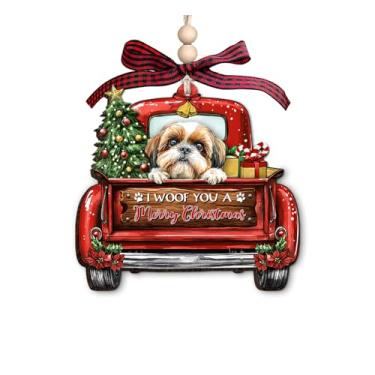 Imagem de Enfeite de Natal de madeira Shih Tzu - Decoração de Natal de caminhão vermelho com presentes de árvore de Natal e uma citação de Feliz Natal - Enfeite rústico de Natal para amantes de cães